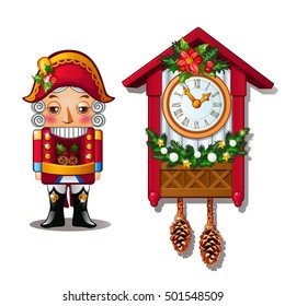 The Nutcracker and the antique cuckoo clock isolated on a white background. Vector illustration.