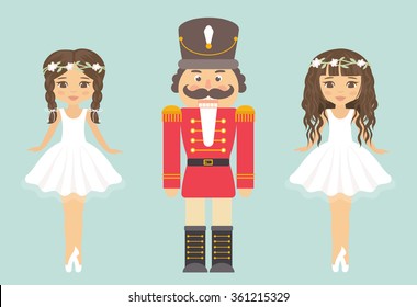 nutcracker and ballerina with braid and curly hair