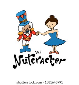 Nutcracker and Ballerina characters on white background. Winter fairy tale character. Cute nutcracker handdrawn icon. Children book illustration. New Year story character. Nutcracker sticker isolated