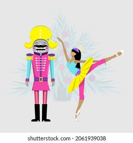 Nutcracker and ballerina. Christmas card. Flat vector illustration.