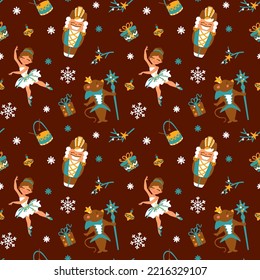 Nutcracker and ballerina, christmas print. Christmas tale. Seamless pattern. Vector.