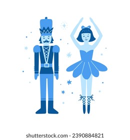 Nutcracker and ballerina cute illustration. Christmas vector clipart with boy and girl