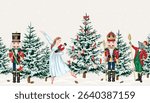Nutcracker, ballerina, mouse king, Christmas tree, snow, cone seamless border. Merry Christmas, New Year ballet mural.