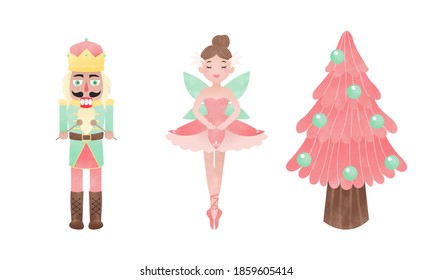 Nutcracker, ballerina, and pink Christmas tree. Fairy tale clip art. Watercolor effect vector.