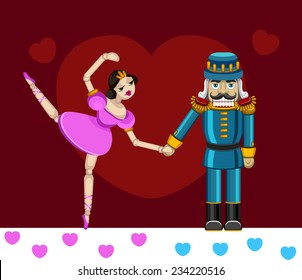 Nutcracker and ballerina princess christmas card, love, vector illustration