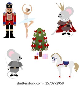 Nutcracker ballet. Ballerina, Nutcracker, horse, mouse king, toys, Christmass tree. Vector isolated painting art