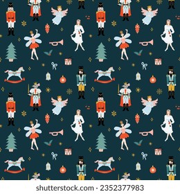 The nutcracker ballet characters christmas holiday pattern. Childish pattern for packaging, fabric print, wrapping paper, stationery. Hand drawn illustration of mouse king, ballerina, fairy. 