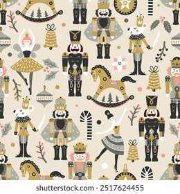 Nutcracker ballet characters christmas holiday pattern. Childish pattern for packaging, fabric print, wrapping paper, stationery. Hand drawn illustration of mouse king, ballerina, fairy.