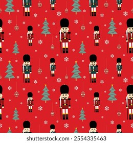 The nutcracker ballet characters Christmas holiday pattern. Childish pattern for packaging, fabric print, wrapping paper, and stationery. Hand-drawn illustration of mouse king, ballerina, fairy