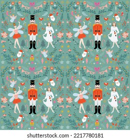 The nutcracker ballet characters christmas themed seamless pattern.