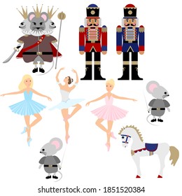 Nutcracker ballet Christmas collection. A set of vector elements. Ballerina, mouse king, horse