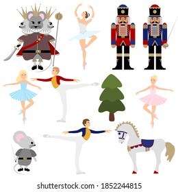 Nutcracker ballet Christmas collection. A set of vector elements. Ballerina, mouse king, horse, prince