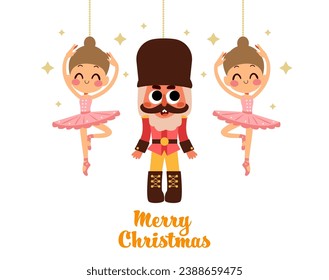 Nutcracker ballet Christmas greeting card and girl ballerina Vector illustration