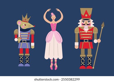 Nutcracker Ballet. Christmas illustration of Nutcracker, Ballerina and mouse King. 