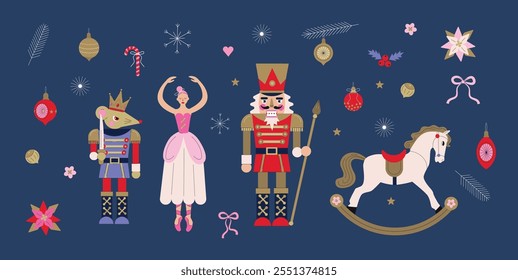 Nutcracker Ballet. Christmas illustration of Nutcracker, Princess and mouse King. Christmas Decoration toys and decoration set. 