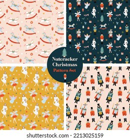 Nutcracker ballet christmas pattern set of 4. Perfect for wallpaper, fabric,  gift wrap paper print. 