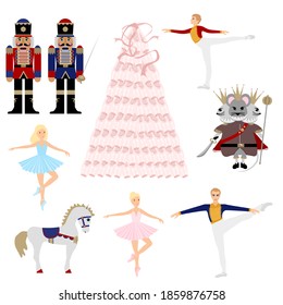 Nutcracker ballet Christmas tree collection. A set of vector elements. Ballerina, mouse king, horse, prince. Pointe shoes tree with ribbons