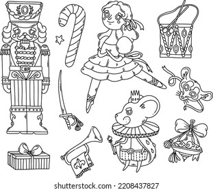 Nutcracker, Ballet Dancer, Mouse King And Christmas Elements Coloring Page Black Outline
