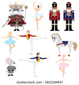 Nutcracker ballet during the corona pandemic, Ballerina, mouse, horse and Nutcracker in face medical mask. Christmas collection. A set of vector elements.