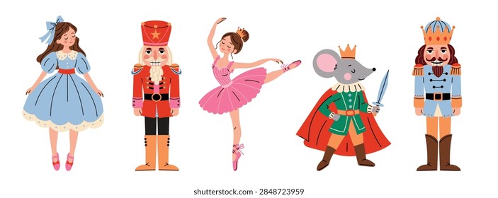 The Nutcracker ballet vector character set with Clara, ballerina, Mouse King and toy soldiers. Hand drawn Christmas fairy tale collection isolated on white background.