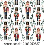 Nutcracker, branch and Christmas ball seamless pattern. Merry Christmas, New Year wallpaper.	