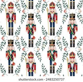 Nutcracker, branch and Christmas ball seamless pattern. Merry Christmas, New Year wallpaper.	