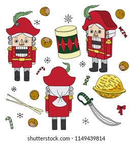 Nutcracker bright christmas vintage toys clip art stickers set vector