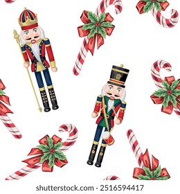 Nutcracker, candy cane and bow seamless pattern. Merry Christmas, New Year wallpaper.	