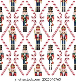 Nutcracker, candy cane seamless pattern. Merry Christmas, New Year wallpaper.	