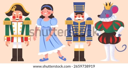 Nutcracker characters set - soldiers in green and blue uniform, princess in dress, mouse king wearing crown. Christmas ballet figures for holiday decoration, festive theater performance illustration