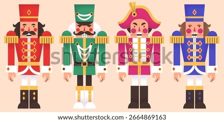 Nutcracker characters set - soldiers in green, red, pink and blue uniform, tricorn and shako hat. Christmas figures for holiday decoration, festive theater performance illustration
