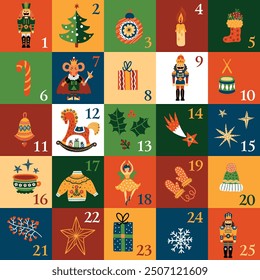 Nutcracker christmas advent calendar design. Cute colorful  illustration, background for calendar, wall decor, card, banner etc. 