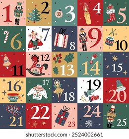 Nutcracker christmas advent calendar design. Colorful  illustration, background for calendar, wall decor, card, banner etc.