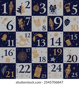 Nutcracker christmas advent calendar design. Gold and silver illustration, background for calendar, wall decor, card, banner etc.