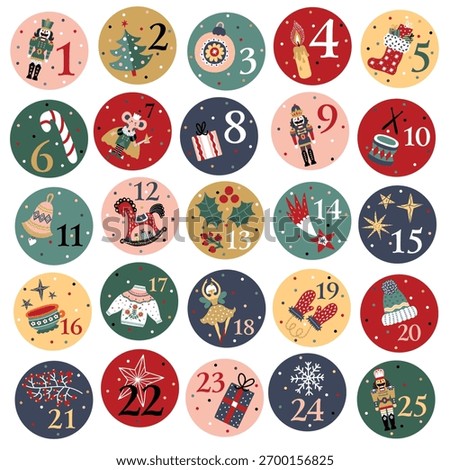 Nutcracker christmas advent calendar design. Colorful  illustration, background for calendar, wall decor, card, banner etc.