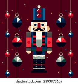 Nutcracker and Christmas balls. Vector illustration in geometric bauhaus style. Christmas mosaic.