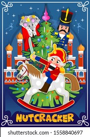 Nutcracker Christmas card or winter holiday invitation vector illustration. Poster with superhero on horse, mouse character near Xmas tree. Card decorated by shiny snowflakes on blue background