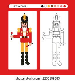 Nutcracker Christmas coloring page. Kids educational game in flat and outline design. Winter coloring book. Merry Christmas and Happy New Year. Winter holidays.