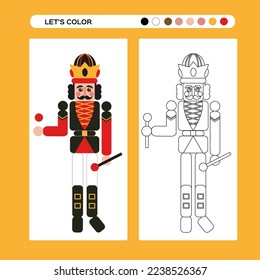 Nutcracker Christmas coloring page. Kids educational game in flat and outline design. Winter coloring book. Merry Christmas and Happy New Year. Winter holidays.