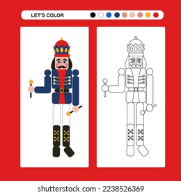 Nutcracker Christmas coloring page. Kids educational game in flat and outline design. Winter coloring book. Merry Christmas and Happy New Year. Winter holidays.