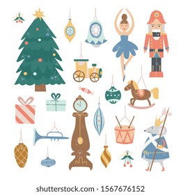 Nutcracker Christmas decoration set - vintage cartoon holiday tree ornaments and cute fairytale characters isolated on white background. Flat vector illustration