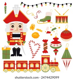 Nutcracker. Christmas nutcracker with different decorative elements in flat style on a white background. Christmas set of illustrations. Christmas character.