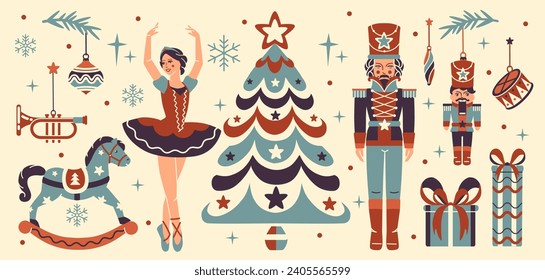 Víspera de Navidad para los pesimistas. Colección de ballet de invierno. Estética Noel. Baudibles de Navidad, decoraciones, soldado de juguete, bailarina. Decoración elegante de época. Dibujado a mano, no IA. 