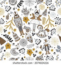 Nutcracker, christmas florals and snowflakes. For wrapping paper, fabric, stationary products decoration.