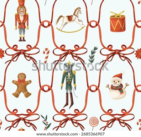 Nutcracker Christmas holiday gifts decorations toys mouse horse candy cane vector isolated pattern.