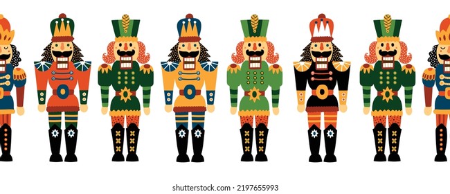  Nutcracker. Christmas horizontal vector seamless border.  