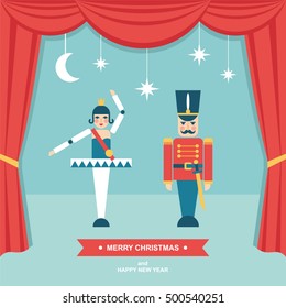 Nutcracker Christmas puppet theater scene flat vector illustration/greetings card