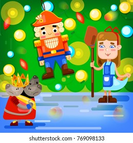 Nutcracker Christmas puppet theater scene flat vector illustration/greetings card