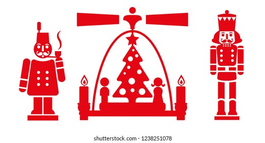 nutcracker, Christmas pyramid and smoker - traditional German Christmas decorations. Locally handcrafted figurines from the Erzgebirge. Vector illustration