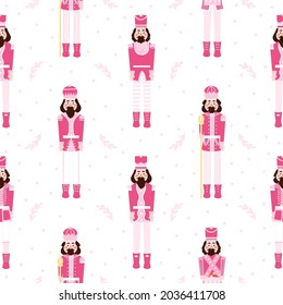 Nutcracker christmas seamless pattern for wrapping paper for kids in cartoon scandinavian style on white background